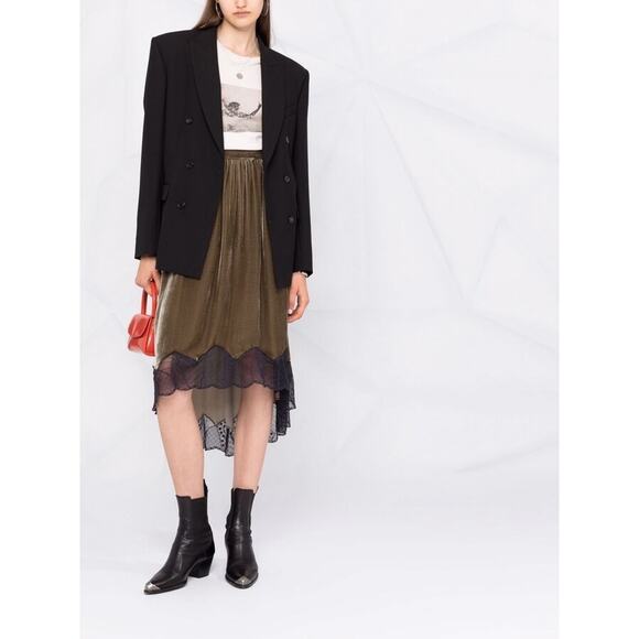 Zadig & Voltaire Joslin Velvet Midi Skirt Brown Green High Low Lace Trim Sz 36/S - Picture 1 of 16